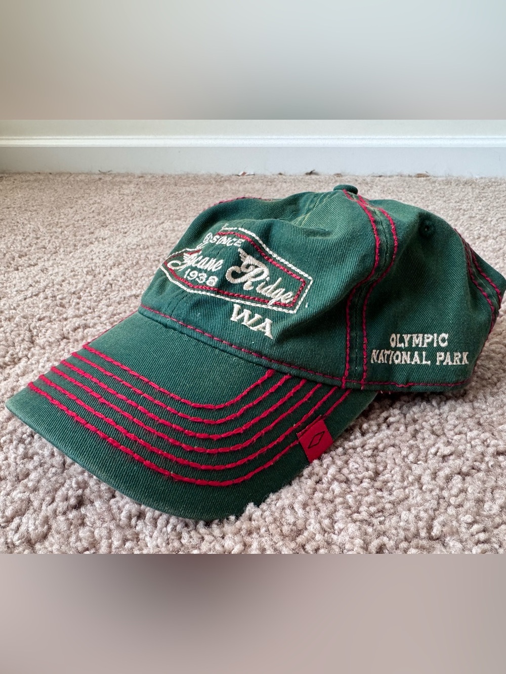 Olympic National Park Green Baseball Cap with Red Stitching